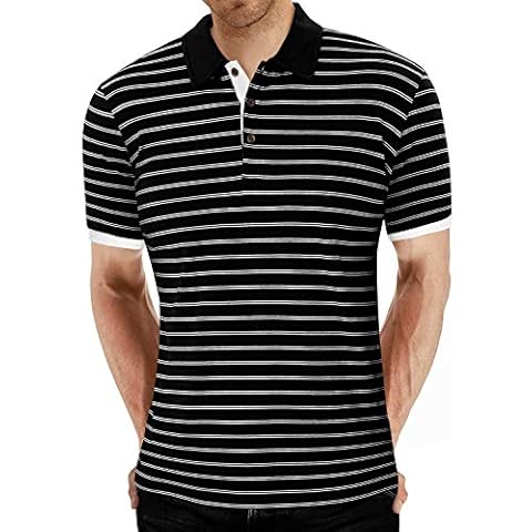 MLANM Men's Polo Shirt Short Sleeve Casual Slim-fit Basic Designed Stripe Cotton Shirts Medium, Black Cover