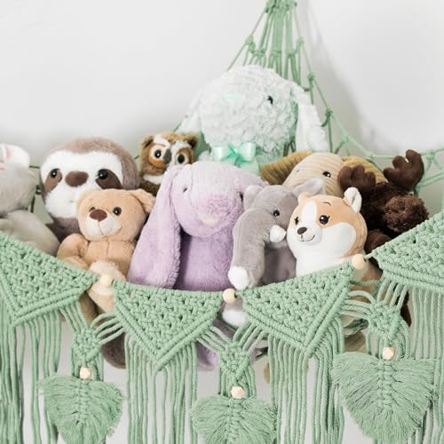 Image of Morxy Stuffed Animal Net or Hammock,Macrame Toy Storage Corner Organizer,Boho Baby Nursery Decor,Stuffie Organizer For Toddler Room Playroom,Hanging Corner Net for Stuffed Animals Large Sage
