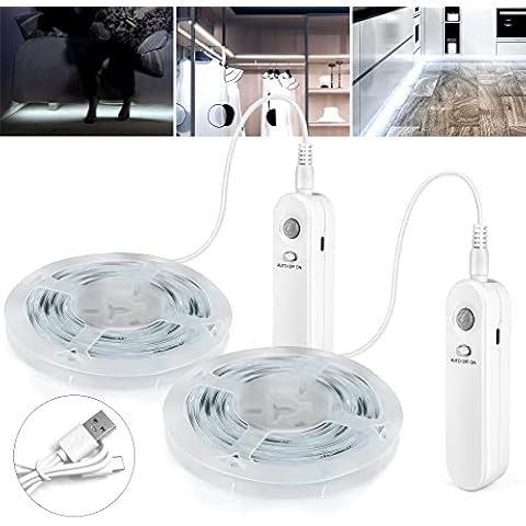2 Pack*2M Rechargeable Motion Sensor LED Strip Lights, Cold White IP54 Waterproof LED Lights Strips 5V, LED Light Kitchen Under Cabinet, 6500K 120 LEDs Strip 2M for Stair, Wardrobe, Shelf Cover