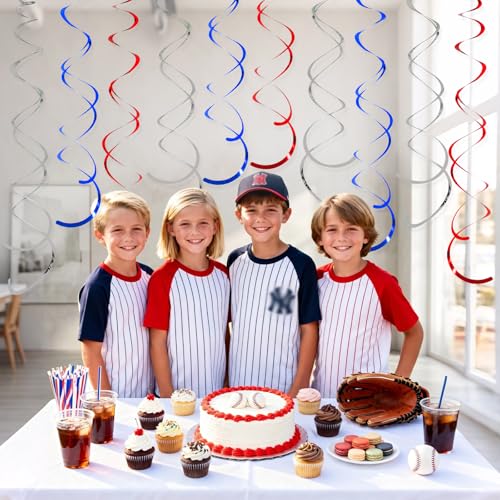 Image of 36 PCS Red Blue Silver Hanging Swirl, Sparkle Ceiling Hanging Decorations, Plastic Streamer Party Decorations with Double-Swirls for 4th of The July,Independence,250 Anniversary USA,Birthday Baseball