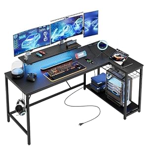 Bestier ゲーミングデスク コンセント付き 幅148cm パソコンデスク l字デスク 机 pcデスク 収納付き モニター台付き ゲームデスク LEDライト付き オフィスデスク ブラック