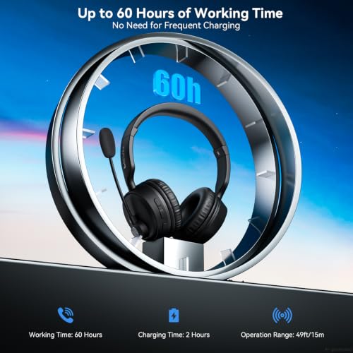 Image of Bluetooth Headset with Microphone, 60 Hrs Bluetooth Headphones with Mic, Wireless Headset with Mic for Work /Meetings /Office /iPhone /Phone Calls /Call Center /Computer /PC /Teams /Zoom /Podcast /Skype /WebEx