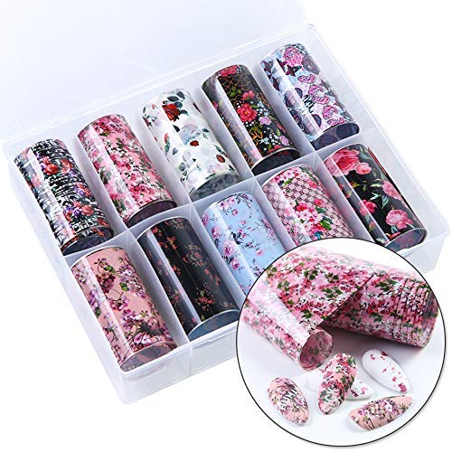 Valuu 10 Rolls Nail Foil Transfer Stickers Spring Flower Rose Nail Foil Adhesive Decals Starry Sky Manicure Transfer Tips Nail Art DIY Decoration Set