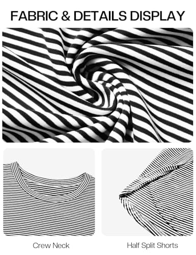 Image of JUSTFASHIONNOW Womens Pajama Sets Shorts Striped Print Two Piece Lounge Sets Crew Neck Sleepwear Split Shorts Set Soft Pjs