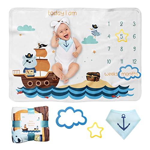 Image of MomsWish Baby Monthly Milestone Blanket for Baby Boy- Newborn Month Growth Chart Photo Blanket- Baby First Year Calendar- Great