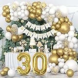 HLEIUKT 30 Geburtstag Deko, Luftballons Girlande 30. Geburtstag Männer Frauen, Geburtstagsdeko 30 Jahre mit Luftballons Gold Weiß, Folienballon 30, Happy Birthday Girlande, Golden Deko 30 Geburtstag