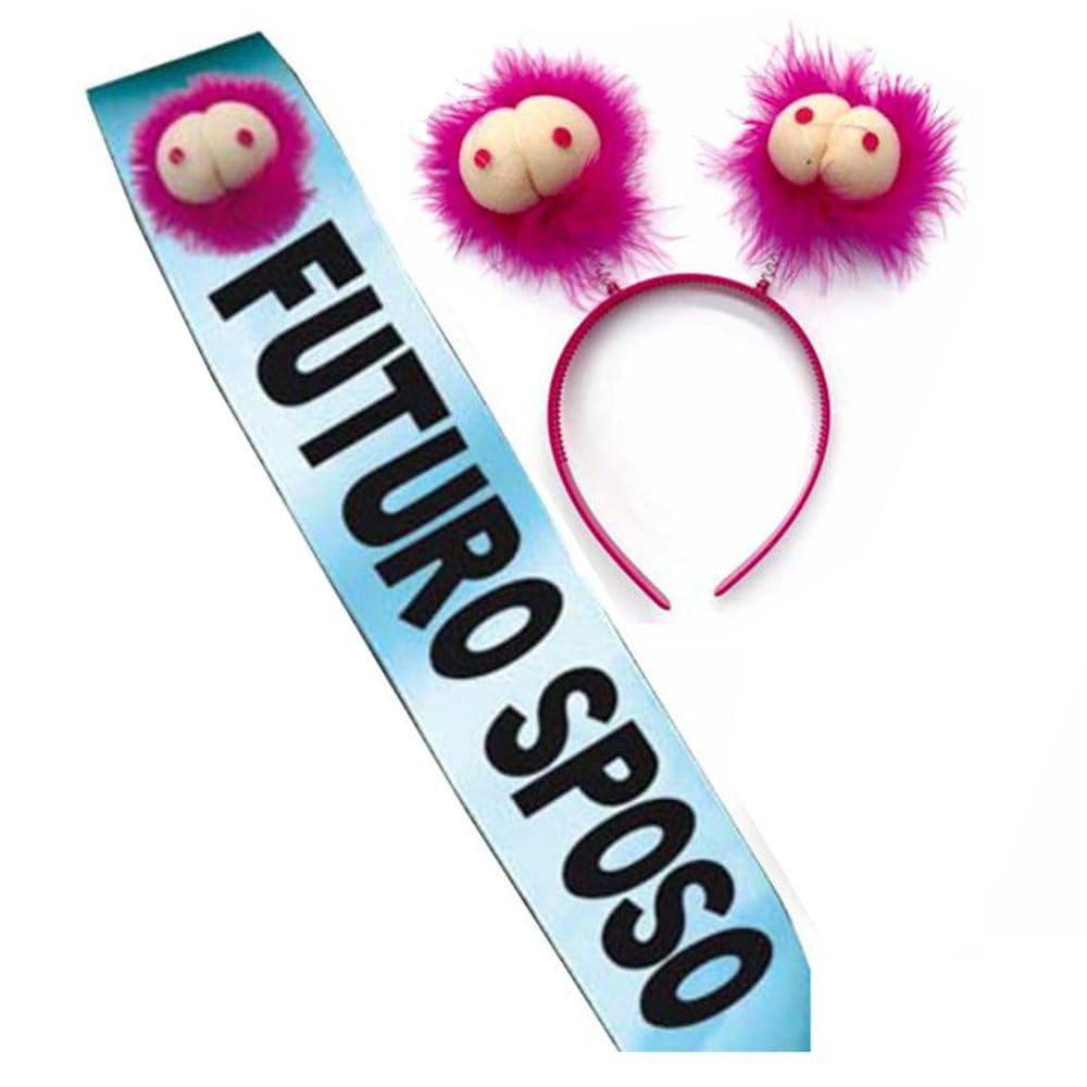 2 pezzi fascia con scritta FUTURO SPOSO e applicazione in gommapiuma TETTE + cerchietto per festa di addio al nubilato celibato matrimonio hot gadget sexy per adulti 18+