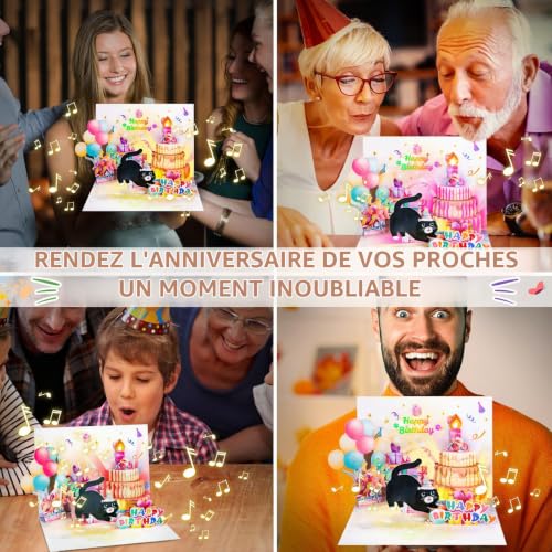 FITMITE Cartes d'anniversaire, musique de chat mignonne, lumières et bougie remplaçable, carte d'anniversaire pop-up amusante, cadeaux d'anniversaire pour femmes, hommes, amoureux des chats, maman ou – vue 6