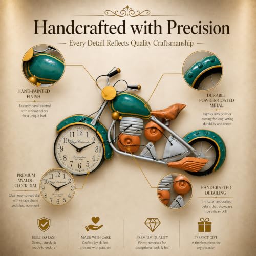 Image of Handpainted Green Bullet Bike Wall Clock Metal Sculpture Motorcycle Wall Art Decorative Showpiece Home Decor for Living Room (27x16 Inch)