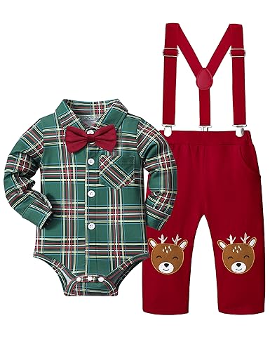 Oranchids My First Christmas Baby Boy Outfit Baby Boy Christmas Outfit Plaid Gentleman Romper + Reindeer Suspender Pants Baby Christmas Outfit Boy 0-3 Months