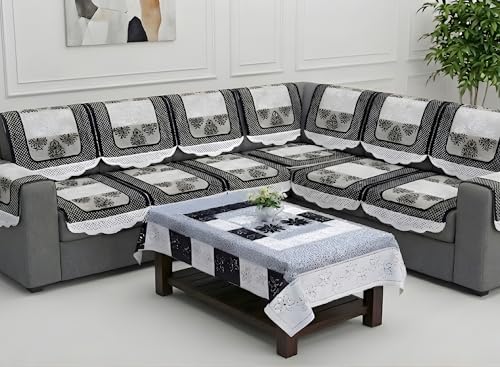 Image of Fab Nation Sofa Cover L Shape 7 Seater with Corner L Type Fully Covered Sofa Set for Living Room | Cotton Sofa Slipcovers for 4 + 3 Seaters Cover with 2 Arms + 1 Table Cover | Black