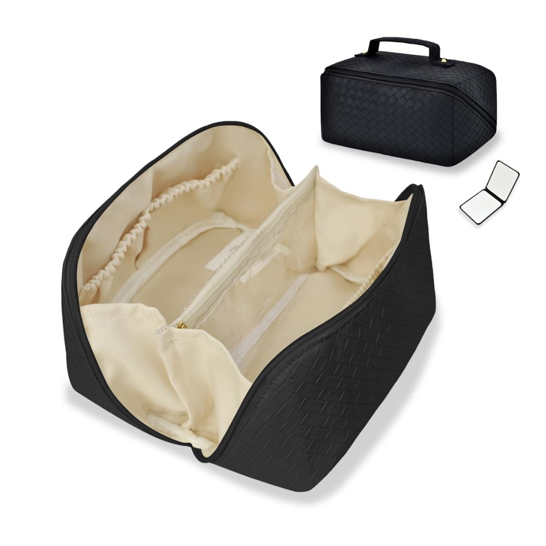 NGIL Travel Toiletry Bag, Makeup Bag, Cosmetic Bag, Portable Travel Makeup Bag, Large Capacity Cosmetic Organizer for Women, FREE COMPACT MIRROR INCLUDED (Basket Weave Style-Black, Medium)