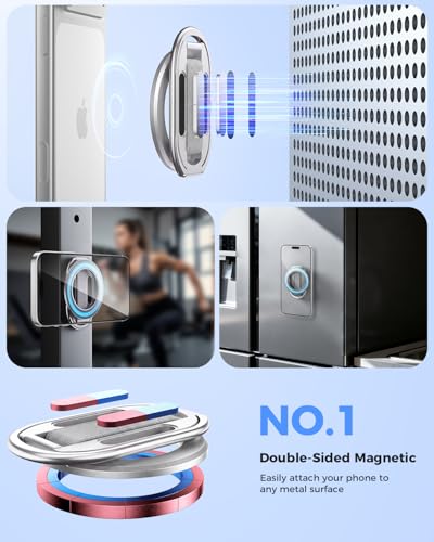 Image of SUPERONE Dual-Sided Magnetic Phone Grip for MagSafe | Dual Magnets 5.5 /3lbs, 55,000 Folds 18x Durable, Adjustable Strap, 360 Stand for iPhone 17 /16 /15 /14 /13 /12 Series-Silver