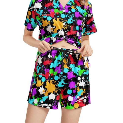Image of Funny Pajamas for Women Set Print Satin Loungewear Pjs Short Sleeve Button Down Top and Shorts Sets Sleepwear XS-3XL