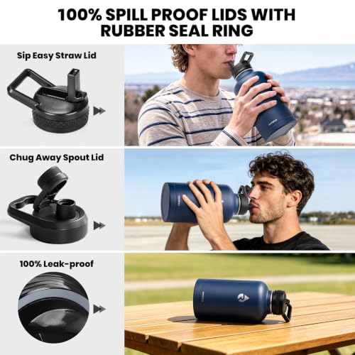 Image of RAYMYLO Insulated Water Bottle 64 oz, Triple Wall Vacuum Stainless Steel (Cold for 48 Hrs), Leak Proof & Non-BPA, Half Gallon Water Flask Jug with Paracord Handle & Straw Spout Lids, Navy Blue