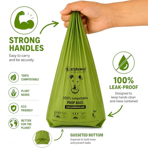Image of 100% Compostable Handle-Tie Doggy Poop Bags (240 Bags) 16 Refill Rolls Plant-Based Cornstarch ASTM D6400 & EN 13432 Compliant HOME Certiified Compostabel Pet Dog Waste Bags (240 ct.)