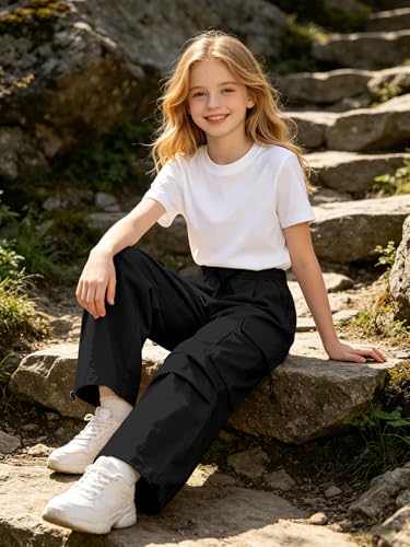 Image of SANGTREE Girls Parachute Pants Loose Lightweight Drawstring Waist Hip Hop Cargo Pants,6-16 Years