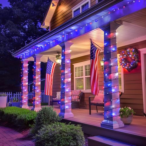 Jmexsuss JM-S-100 2 Pack Red White And Blue Solar Lights 100Led 42.7Ft Patriot Solar String Lights Waterproof, 8 Modes 4Th Of July Lights For Independence Day, Gardens, Tree, Outdoor 4Th Of July Decorations thumb #2