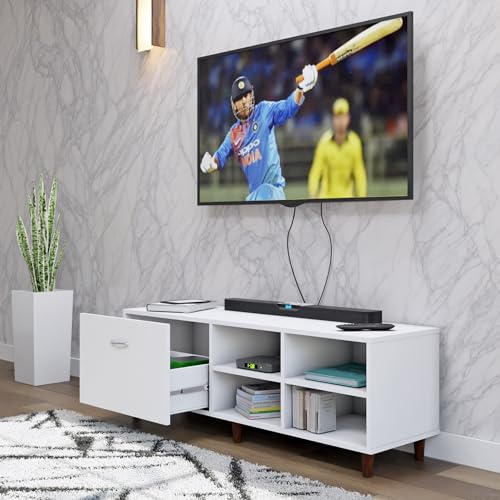 Image of VIKI Modern TV Unit for Living Room | Engineered Wood TV Cabinet with 1 Drawer Storage & 2 Open Shelves, Set Top Box Stand, Entertainment Unit, 140W x 48H x 40D cm | DIY | 1 Year Warranty (White)