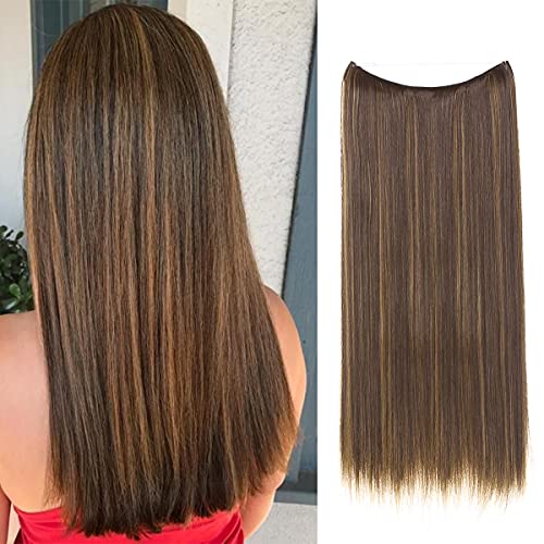 SARLA Halo Hair Extensions Straight Brown With Golden Highlight Short Synthetic Hairpieces 14 Inch 3.2 Oz Secret Wire Headband for Women Heat Resistant Fiber No Clip