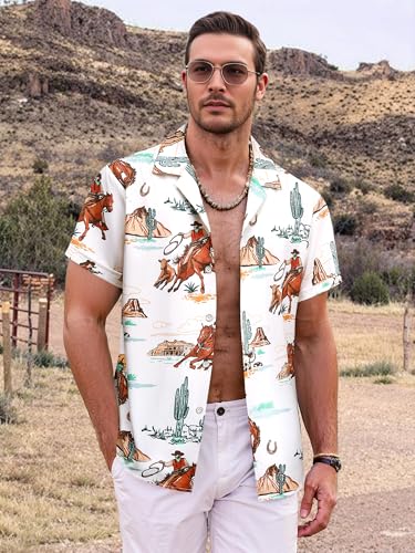 MYMORE Men's 2025 Western Cowboy Shirts Short Sleeve Vintaged Print Rodeo Button Up Shirt Summer Hawaiian Graphic Outfit3
