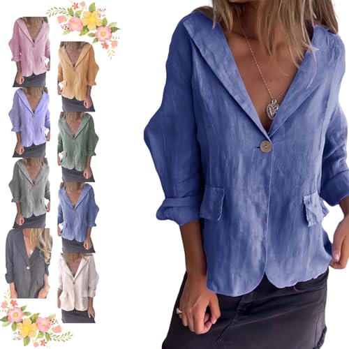 2025 New Cotton and Linen Casual Lapel Single-Button Thin Coat Summer, 3/4 Sleeve Loose Linen Blazer Women