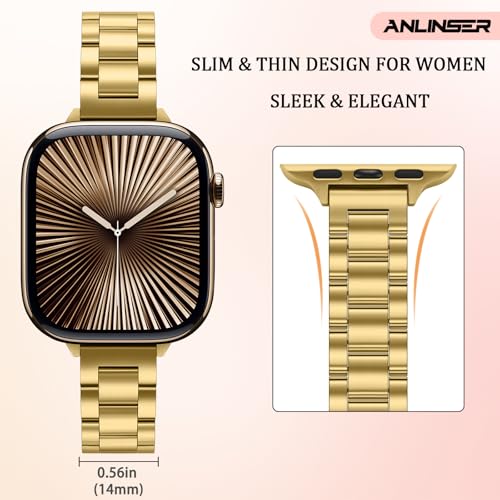 Image of Anlinser Bands Compatible with Apple Watch Band 49mm 46mm 45mm 44mm 42mm, Women Slim Stainless Steel Metal Strap for iWatch Ultra 2 Series 10 9 8 7 6 5 4 3 2 1 SE (Gold)