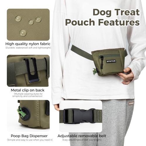 EPETKO Leckerlibeutel für Hunde mit Metall-Gürtelclip, Leistungsstarke Magnetverschluss Gerät Beutel Leckerli Hund Gürtel, Große Kapazität Hund Leckerli Tasche Beutel mit Poop Bag Dispenser (Grün)
