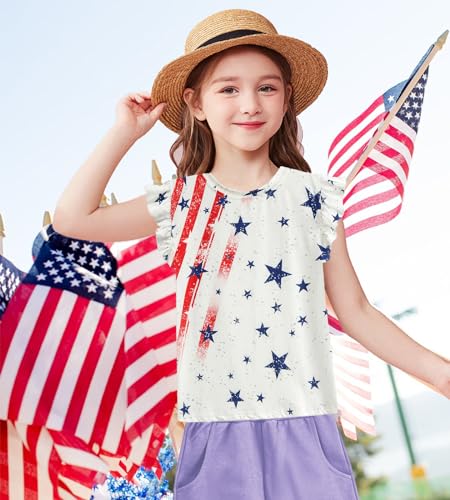 Image of Tkria Girls 4th of July Tank Tops Red White and Blue Shirt Toddler Girl American Flag Patriotic Outfit 2-7 Years