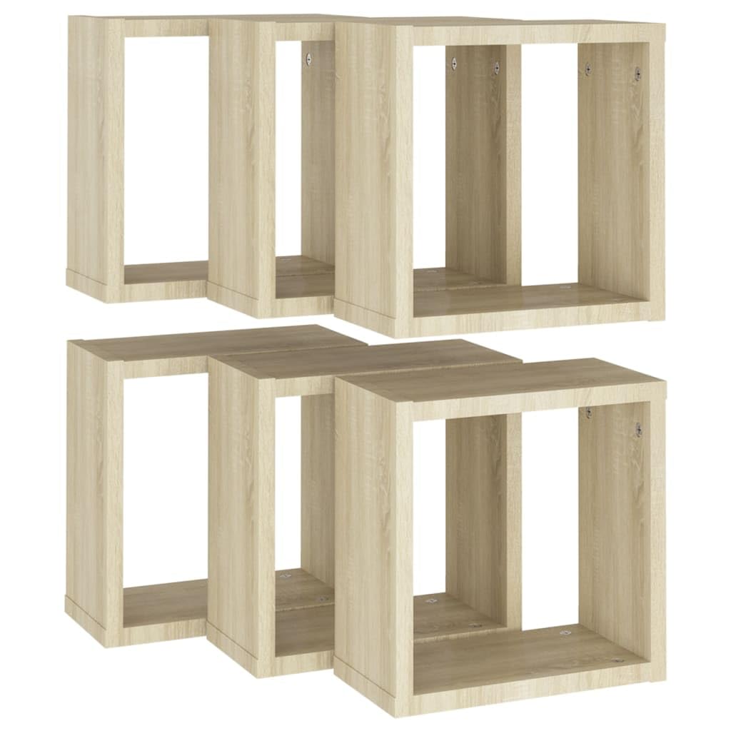 Scaffalature, mensole da parete e sporgenze, mensole cubiche da parete, 6 pezzi, rovere Sonoma, 30 x 15 x 30 cm