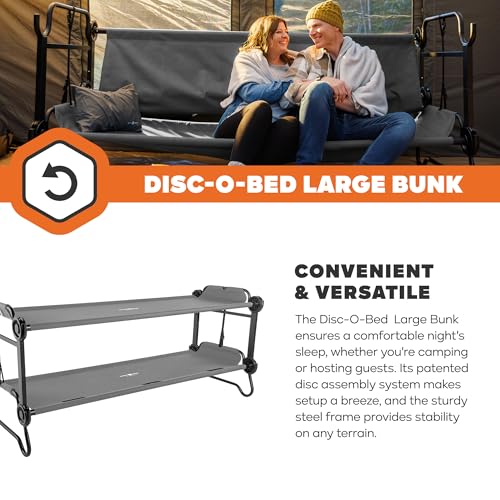 Image of Disc-O-Bed Large Outdoor Convertible 2 Person Bench and Double Camping Cot Portable Bed Bunk System for Adults, Grey