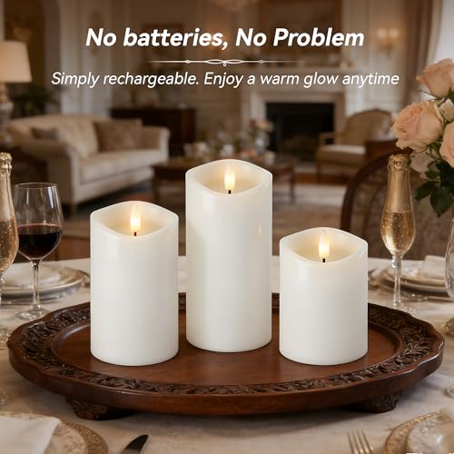 Image of White Real Wax LED Rechargeable Flameless Battery-Operated Pillar Candles