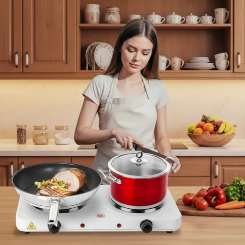 Image of Electric Double Hot Plate Portable Countertop Burner Dual Counter Stove | Kitchen Cooktop with 5 Gear Temperature Control for Home RV Camp 2000W