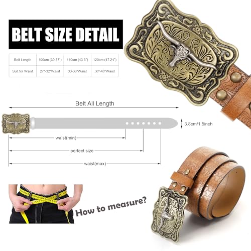 Western-Cowboy-Belts for Men/Women - Mens Western Belt with Longhorn-Bull-Buckle Cowgirl-Country PU-Leather-Belt for Jeans2