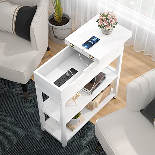 Aheaplus Sofa Side Table With Usb Ports And Outlets, Narrow End Table Set Of 2 With Charging Station, Bedside Nightstand With Storage Shelves, Slim Side Table For Small Space, Living Room, Metal Frame #TOP1