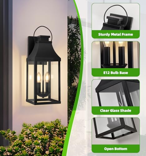 Image of 20'' 2 Pack Outdoor Wall Sconce Lights, Large Black Exterior Porch Lantern
