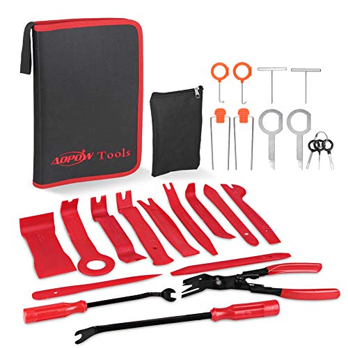 ADPOW 25PCS Car Trim Removal Tools Kit and Car Audio Removal Keys for Car Dash Door Window Molding Upholstery Marine Fastener Removal Installer and Repair Nylon Pry Tool Kits with Durable Storage Bag