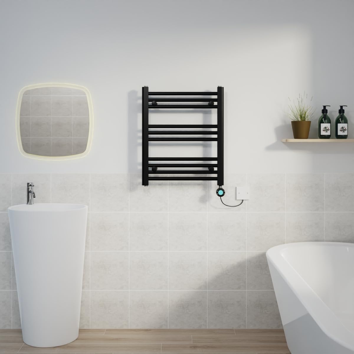 Warmehaus Black Electric Heated Towel Rail Straight Thermostatic Bathroom Towel Radiator with Timer - 600x500mm 400W