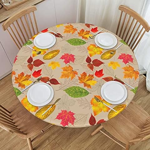 Aiojool Autumn Leaves Tablecloth Elastic Edged Round Fitted Table Cover Waterproof Table Cloth for Indoor Outdoor Dinning Picnic Fit 40" - 44" Table, Small Cover
