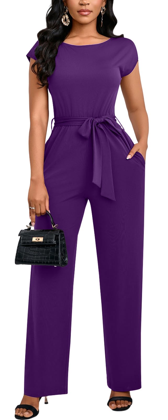 Jumpsuits for Women Dressy Ruffle Sleeve Round Neck Backless One Piece Work Party Wide Leg Long Pants-image-41