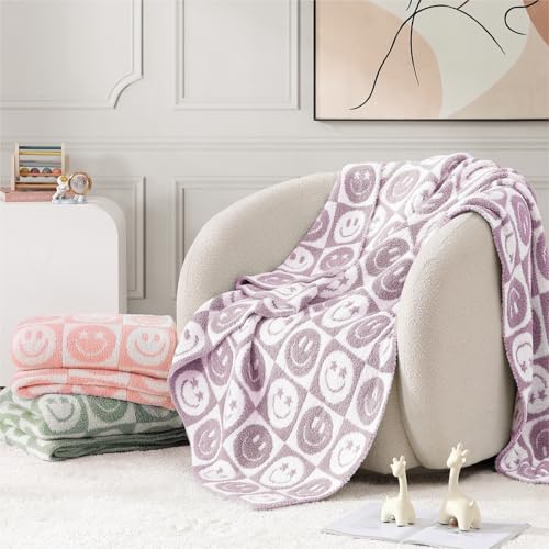 WRENSONGE Checkered Throw Blanket Lilac Smiling Face Soft Cozy Fluffy Warm Hand Made Throw Blankets for Couch, Sofa, Chair, Bed, Camping, Picnic, Travel Lightweight Bed Blanket - 50"*60"