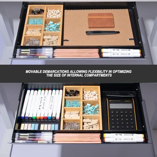 Image of Large Under Desk Mounted Sliding Drawer with Bamboo Tray and 60 Degree Tilt Panel to Pull Out, 22'' Long & 13'' deep Large Storage Organizer for Sit Stand Workstation