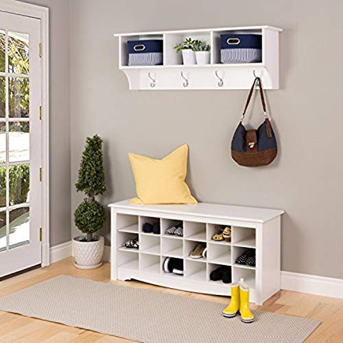 Prepac Hanging Entryway Shelf with Shoe Cubby Bench - White