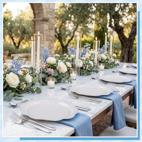 Image of 30 Pcs Blue and White Plates 9 Inch Baby Shower Plates with Blue Trim
