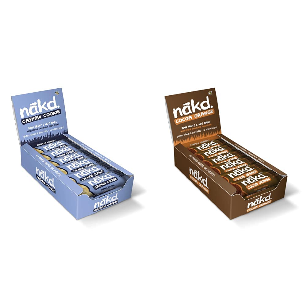 Nakd Cashew Cookie Natural Bars -Fruit & Nut Vegan - Gluten Free - Healthy Snack, 35 g (Pack of 18) & Cocoa Orange Natural Snack Bars - Vegan Bars - Healthy Snack - Gluten Free Bars 35 g (Pack of 18)