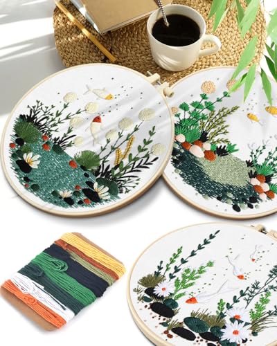 Image of TINDTOP 5 Pack Embroidery Kit for Adult, Embroidery DIY Starter Kit | with Fish World Stamped Patterns, Hoop, Tools, Colorful Threads with Needles, Instructions