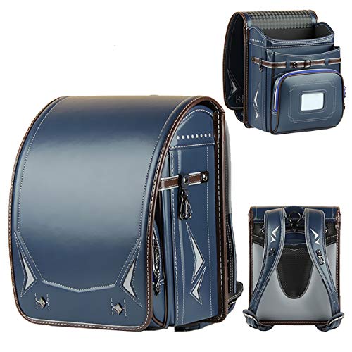 randoseru Embroidery pattern luxury bags japanese lighten up backpack PU leather【lightning pattern Blue-brown】3