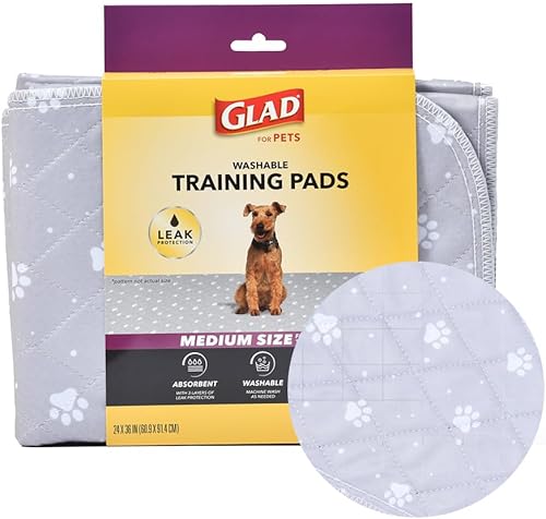 Glad Almohadillas de entrenamiento lavables para mascotas, tamaño mediano (24 x 36 pulgadas), paquete de 2 unidades, color gris con huellas de