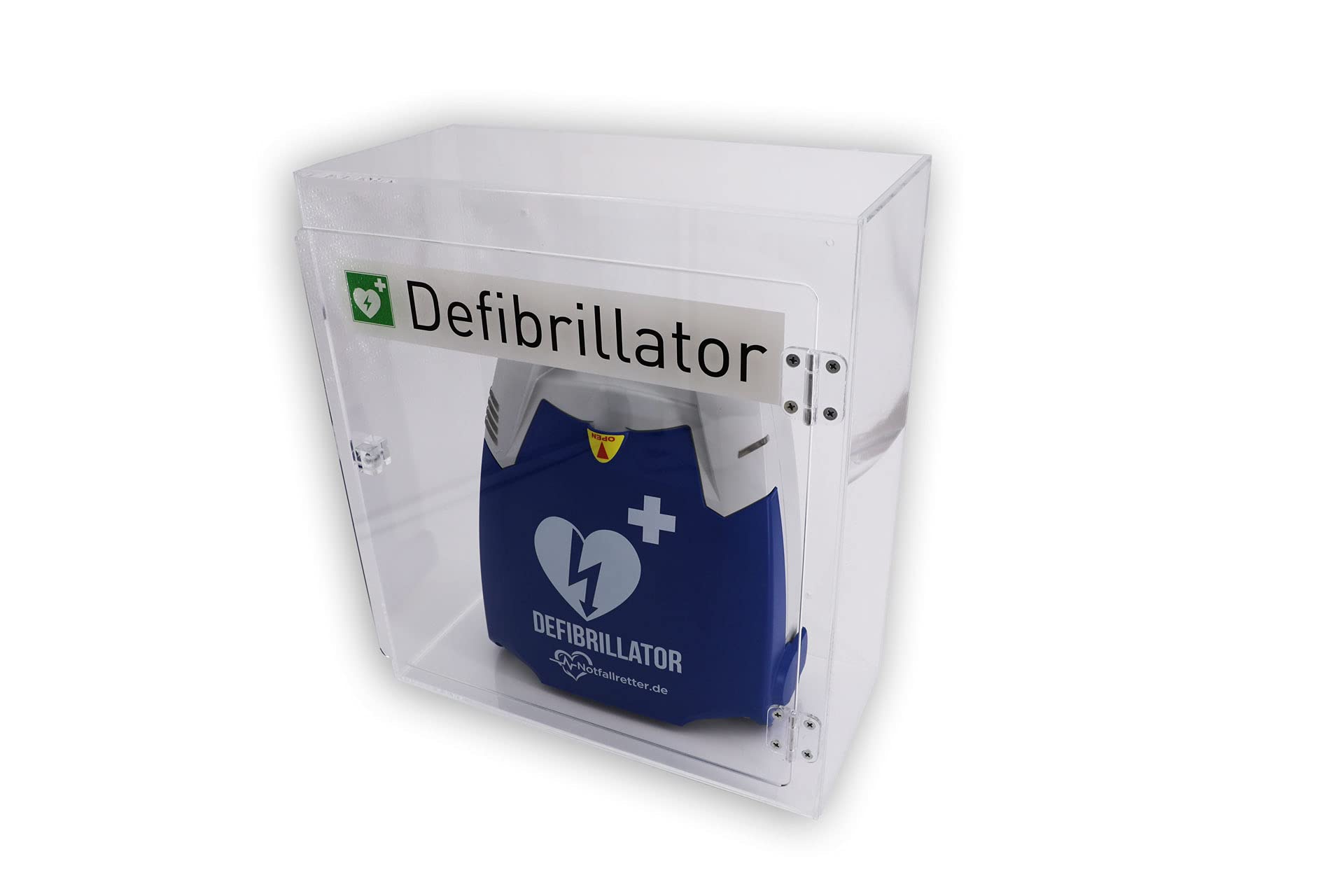 Notfallretter® Defibrillator AED Basic, 10 Jahre Garantie Schiller Deutschland, mit vollauto. Schockauslösung, HLW-Unterstützung, Design-Acrylglaswandkasten + AED Standortwinkel, Vollausstattung, MDR