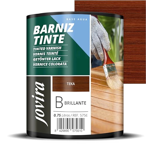 JOVIRA PINTURAS Barniz Tinte Brillante al Agua, acabado Brillo. Especial para teñir y barnizar maderas. (750 Mililitros, Teka) E-29